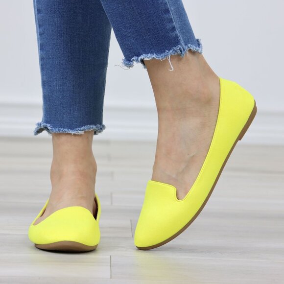 Neon Yellow Faux Suede Rounded Toe Slip On Flat Shoes - Picture 9 of 11